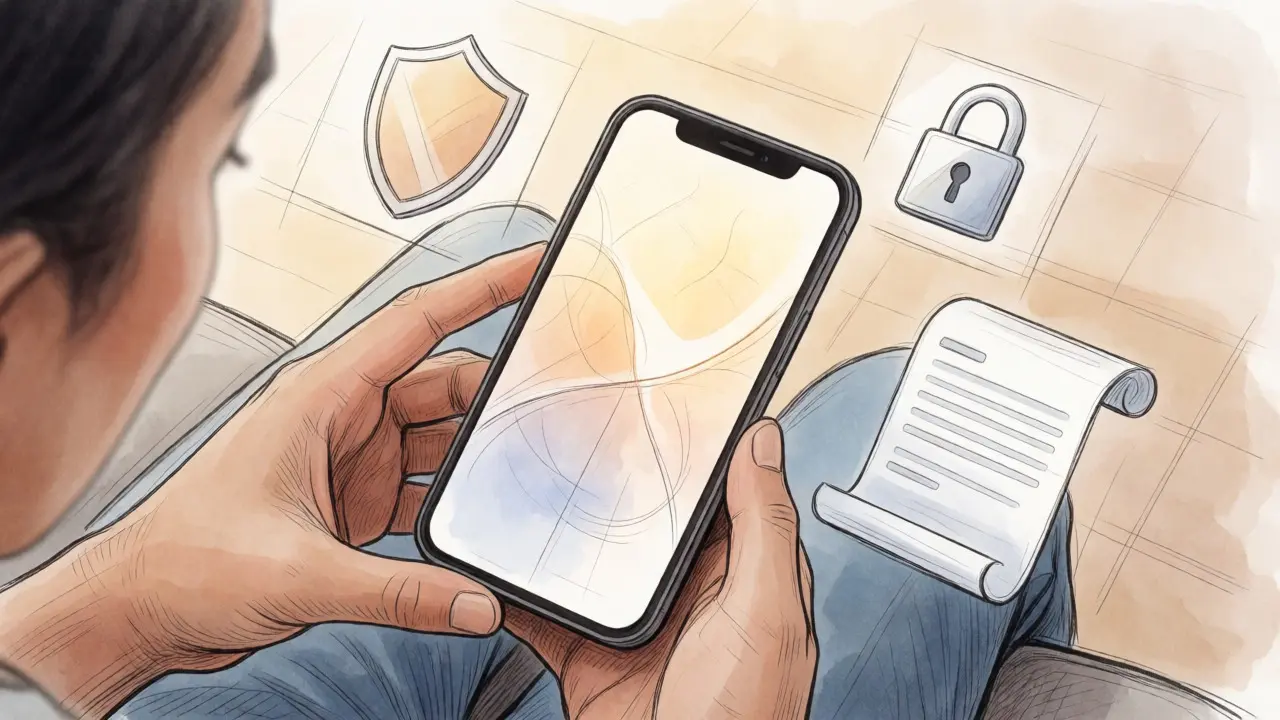 Person holding a phone accessing a compliant crypto platform with security icons
