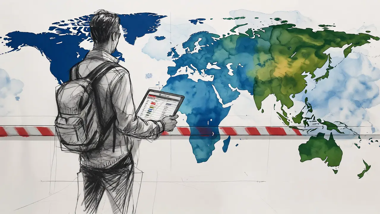 Sketch of a trader accessing global markets while blocked from North America.