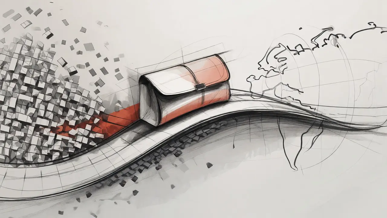 Stylized sketch of a luxury bag bridging two geographic zones