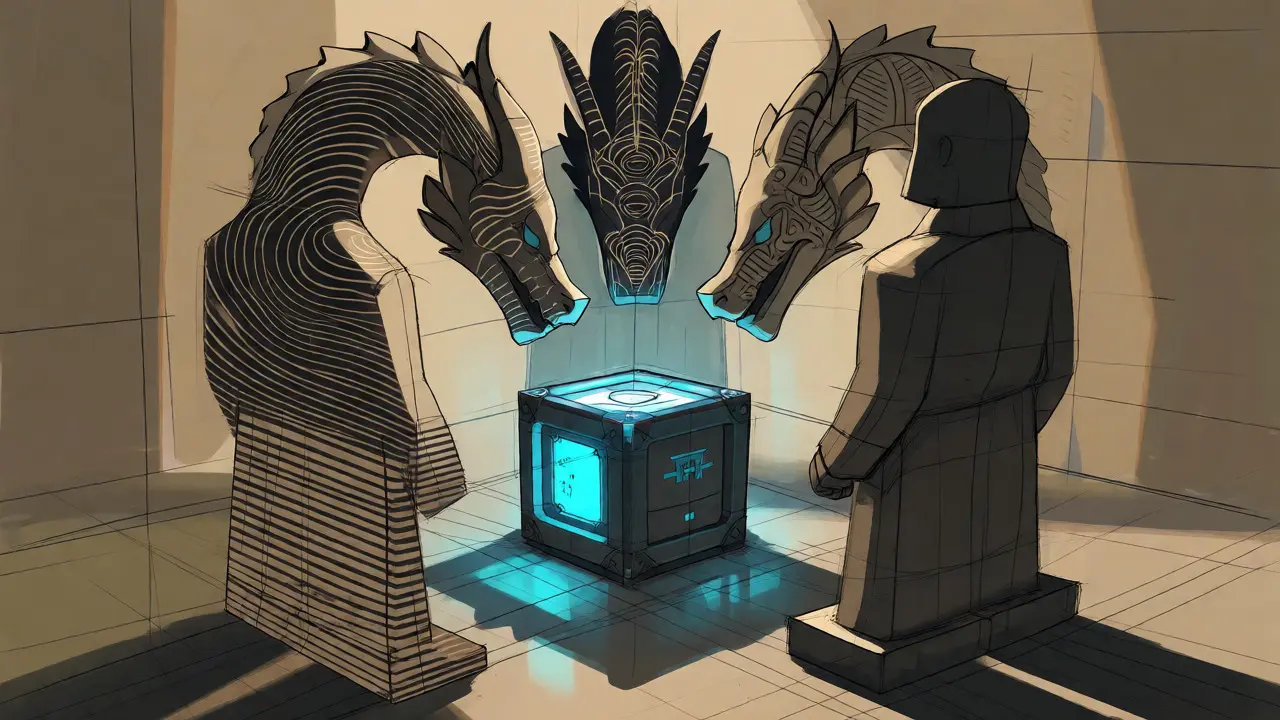 Three stylized guardian figures encircling a glowing digital vault in a regulatory triangle.